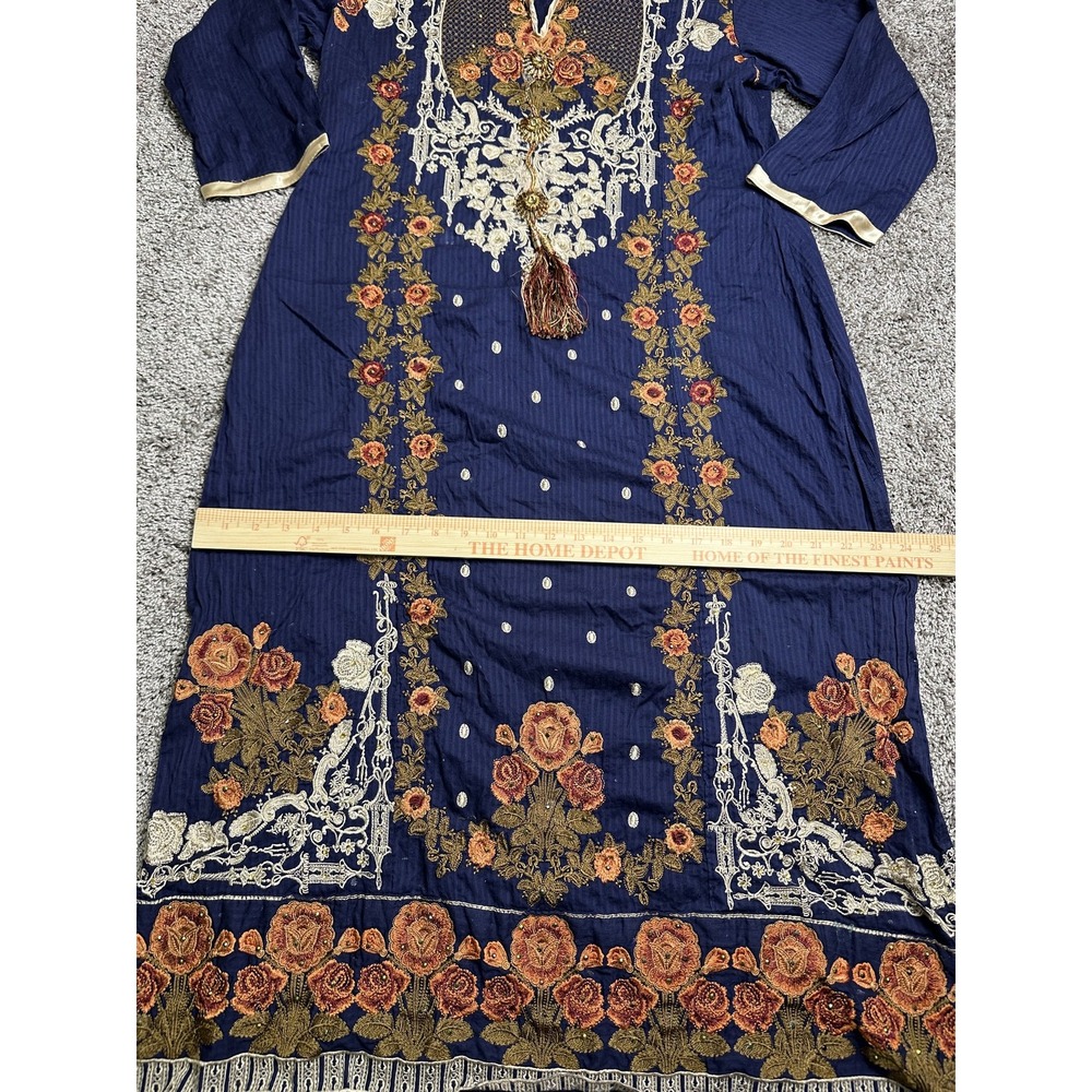 Embroidered Kurta Dress Womens Medium Blue Floral‎ Shalwar Kameez Tassel Ethnic - Picture 15 of 16